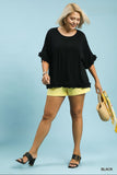 Frayed and Scalloped Linen Cotton Top in Black