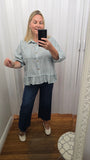 Stripe Ruffle Hem Button Up Top in Blue