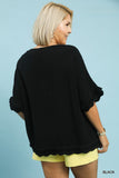 Frayed and Scalloped Linen Cotton Top in Black