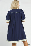 Linen Contrast Block Trim Dress in Navy
