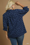 Textured Leaf Print Top in Navy