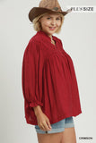 Smocked Yoke Button Up Top in Crimson
