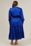 Satin Long Sleeve Tiered Midi in Cobalt Blue