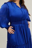 Satin Long Sleeve Tiered Midi in Cobalt Blue