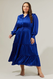 Satin Long Sleeve Tiered Midi in Cobalt Blue