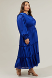 Satin Long Sleeve Tiered Midi in Cobalt Blue