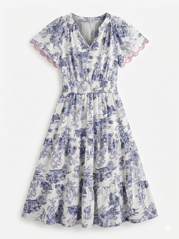 Scalloped Sleeve Blue Print Midi Dress