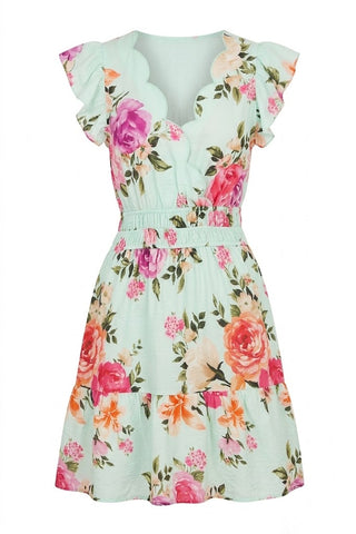 Mint Floral Scallop Neckline Dress