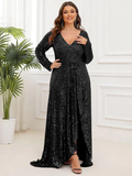 Sequin Ruffle Slit Long Sleeve Gown