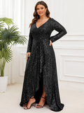 Sequin Ruffle Slit Long Sleeve Gown