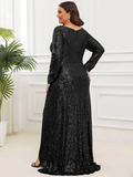 Sequin Ruffle Slit Long Sleeve Gown