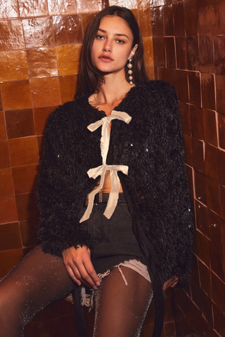 Satin Bow Shaggy Sequin Cardigan in Black
