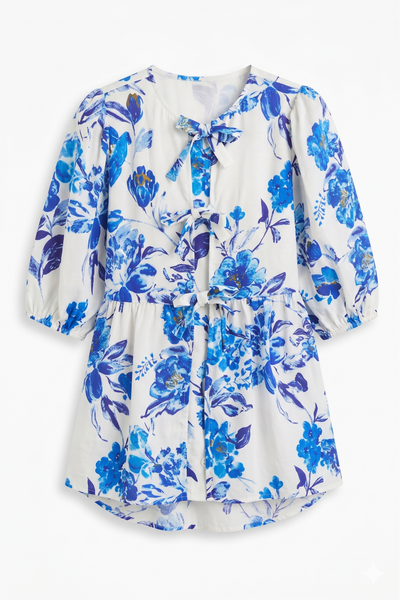 Crushed Satin Blue Floral Tie Top