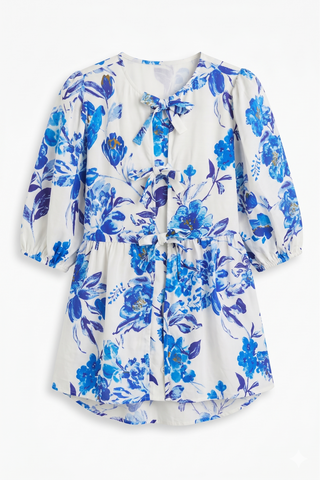 Crushed Satin Blue Floral Tie Top