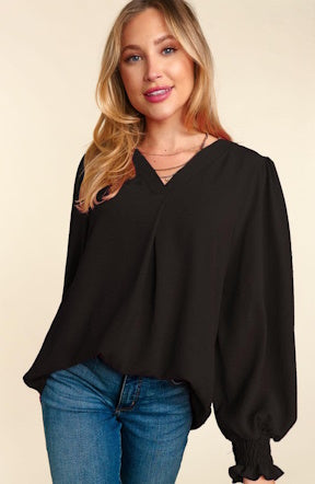 Smocked Cuff  V Neck Pleat Top in Black