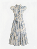 Soft Blue Floral Ruffle Neck Dress