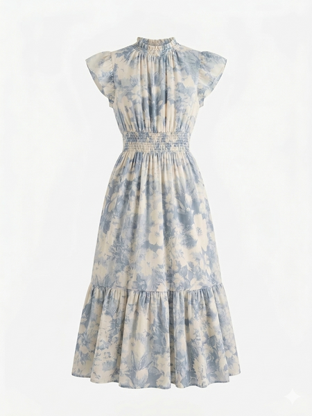 Soft Blue Floral Ruffle Neck Dress