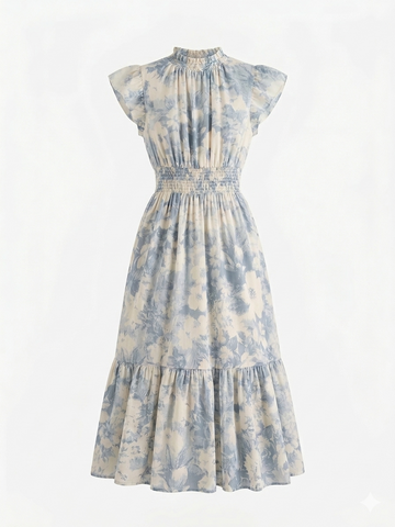 Soft Blue Floral Ruffle Neck Dress