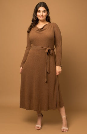 Soft Caramel Cowl Neck Midi Dress
