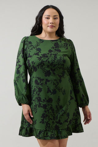 Black Floral Ruffle Dress in Green