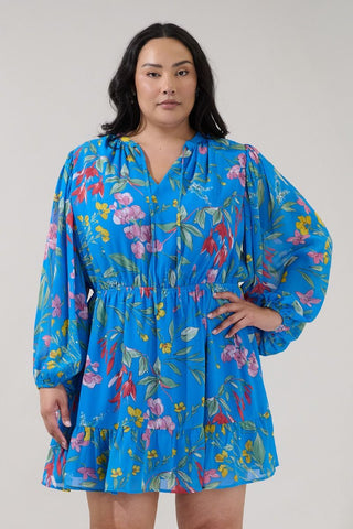 Blue Floral Balloon Sleeve Dress