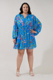 Blue Floral Balloon Sleeve Dress
