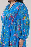 Blue Floral Balloon Sleeve Dress