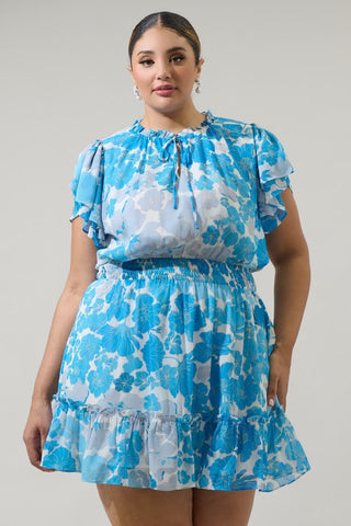 Blue Floral Ruffle Sleeve Dress