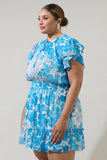 Blue Floral Ruffle Sleeve Dress