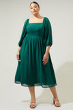 Emerald Green Chiffon Midi Dress