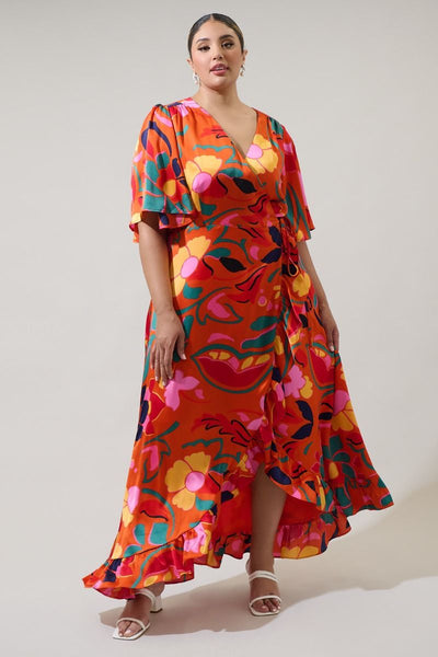 Satin Orange Print Ruffle Wrap Dress