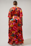 Satin Orange Print Ruffle Wrap Dress