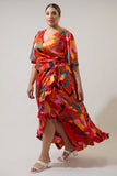 Satin Orange Print Ruffle Wrap Dress