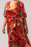 Satin Orange Print Ruffle Wrap Dress