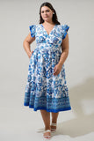 Blue Floral V Neck Midi Dress