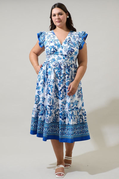 Blue Floral V Neck Midi Dress
