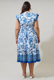 Blue Floral V Neck Midi Dress