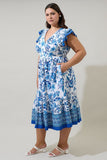 Blue Floral V Neck Midi Dress