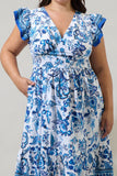 Blue Floral V Neck Midi Dress
