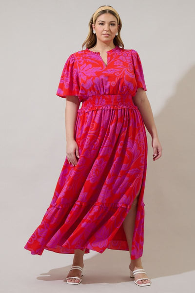 Fuchsia & Red Print V Neck Maxi