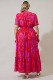 Fuchsia & Red Print V Neck Maxi