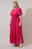 Fuchsia & Red Print V Neck Maxi