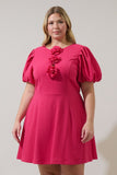 Pink Rosette Bubble Sleeve Dress