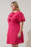 Pink Rosette Bubble Sleeve Dress