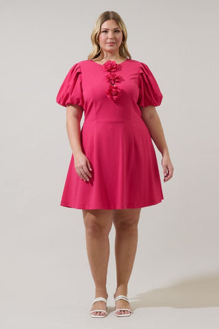 Pink Rosette Bubble Sleeve Dress