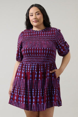 Geo Print Burgundy & Blue Dress