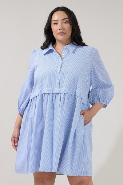 Blue & White Stripe Cotton Buttoned Dress