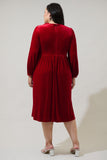 Velvet Bow Front Midi Dress in Red