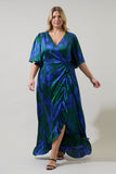 Satin Blue Green Print Ruffle Wrap Dress