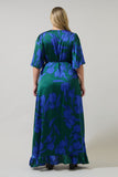 Satin Blue Green Print Ruffle Wrap Dress